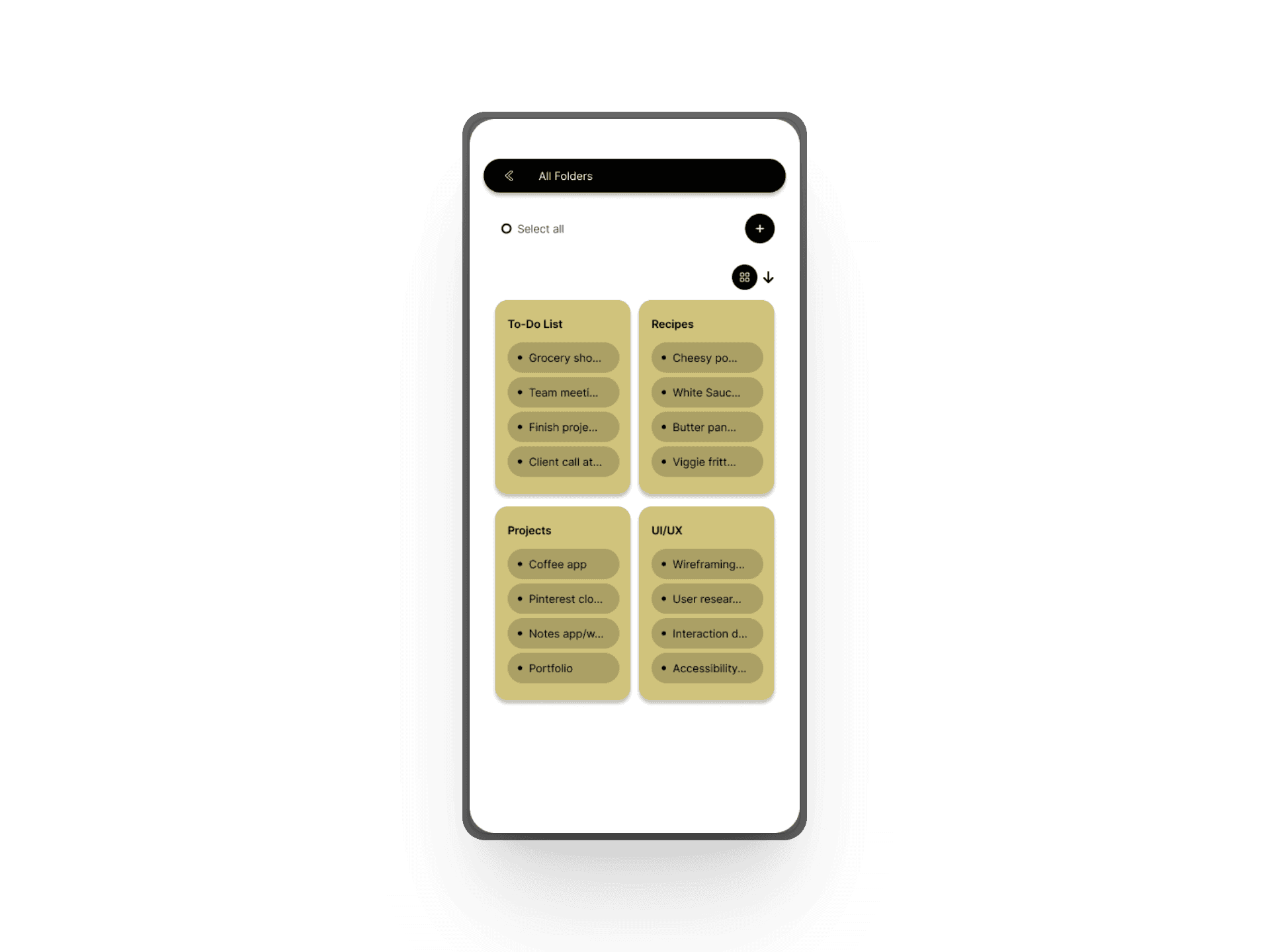 Notes app wireframe with color theory