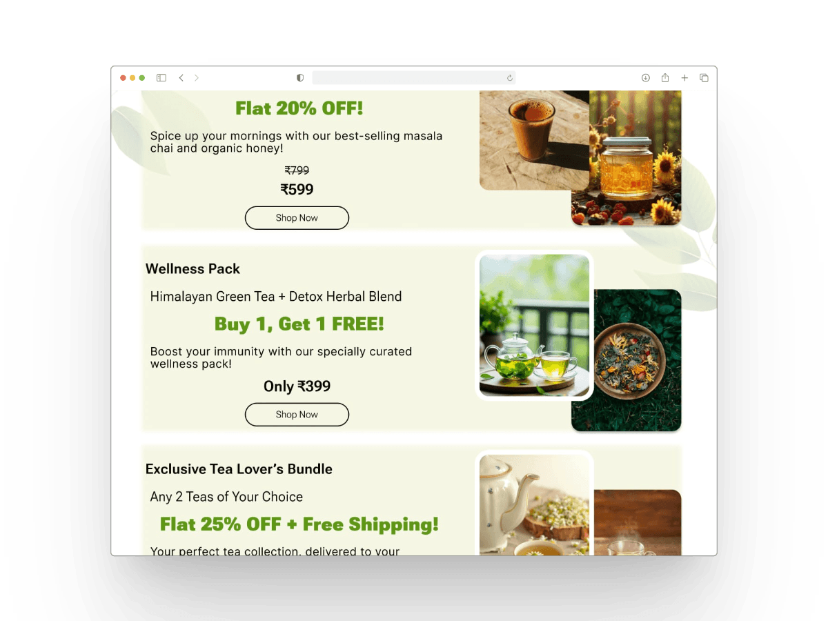 Tea Haven pill-shaped tags and CTA buttons