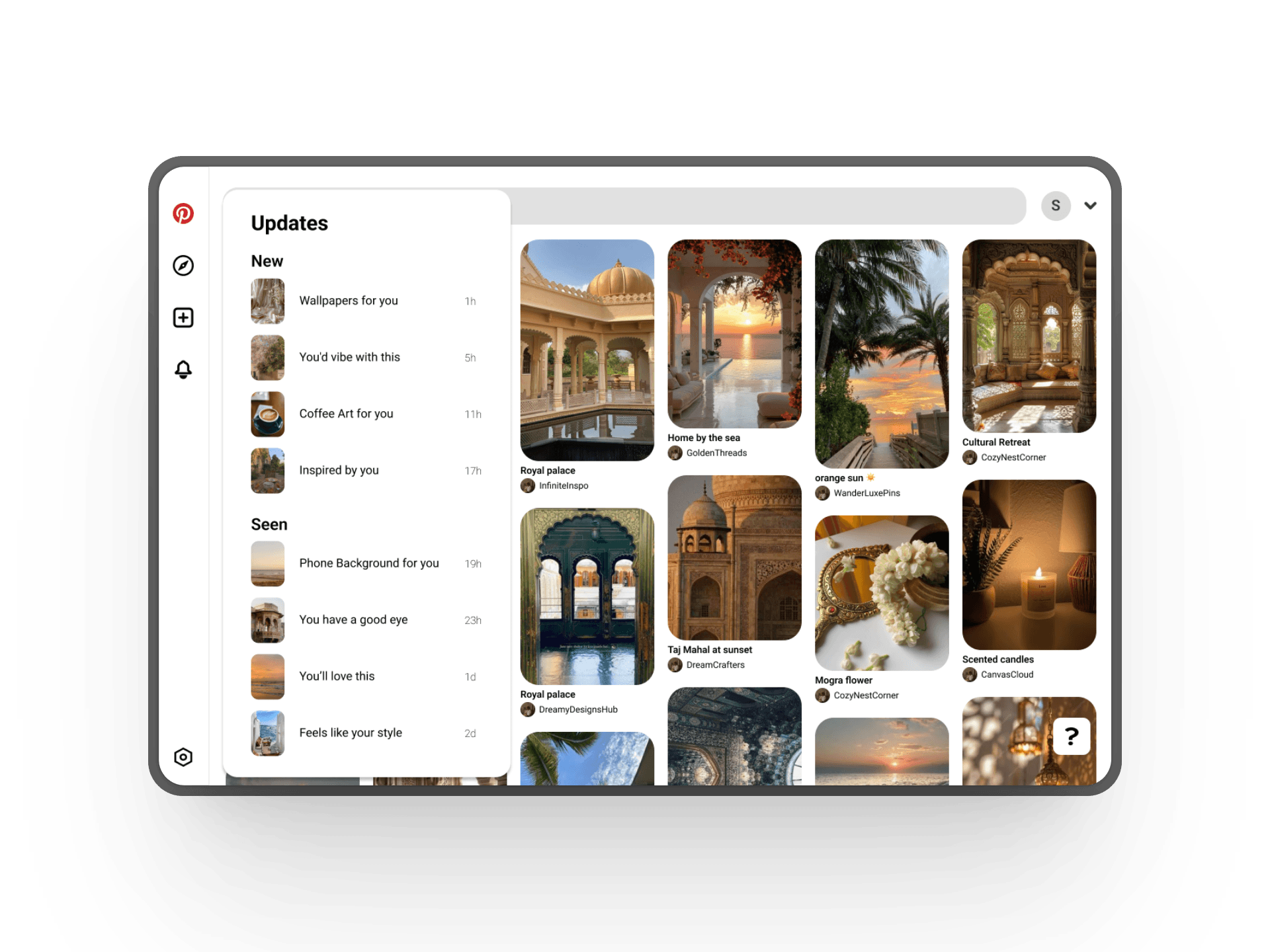 Pinterest clone showing hover interactions