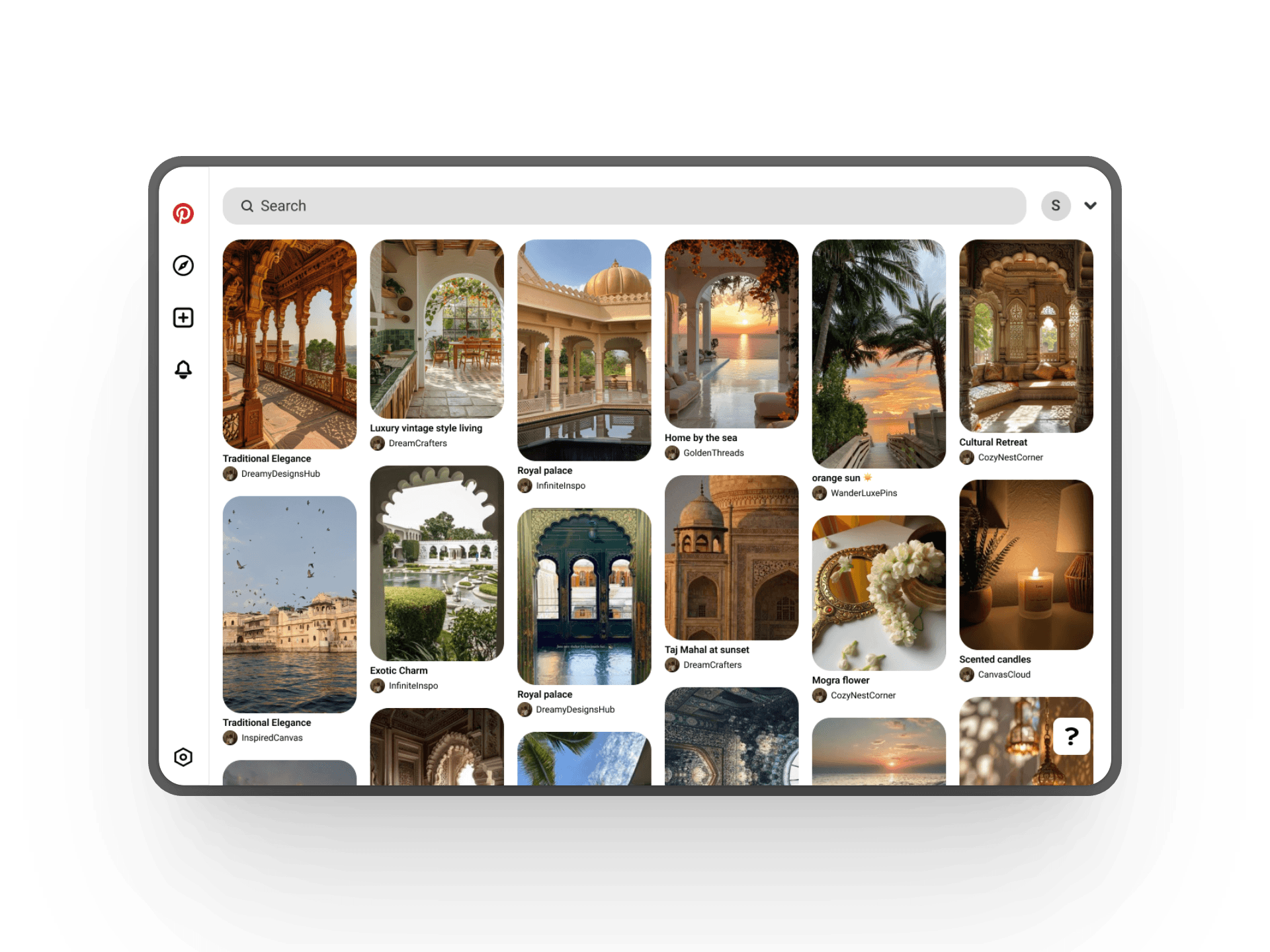 Pinterest clone showing interactive pinboards