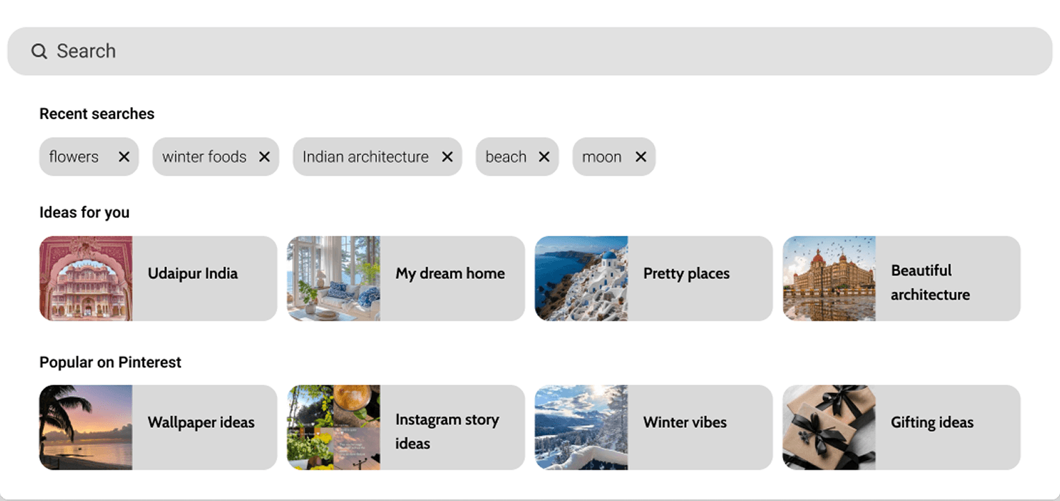Search box with recent searches and suggestions